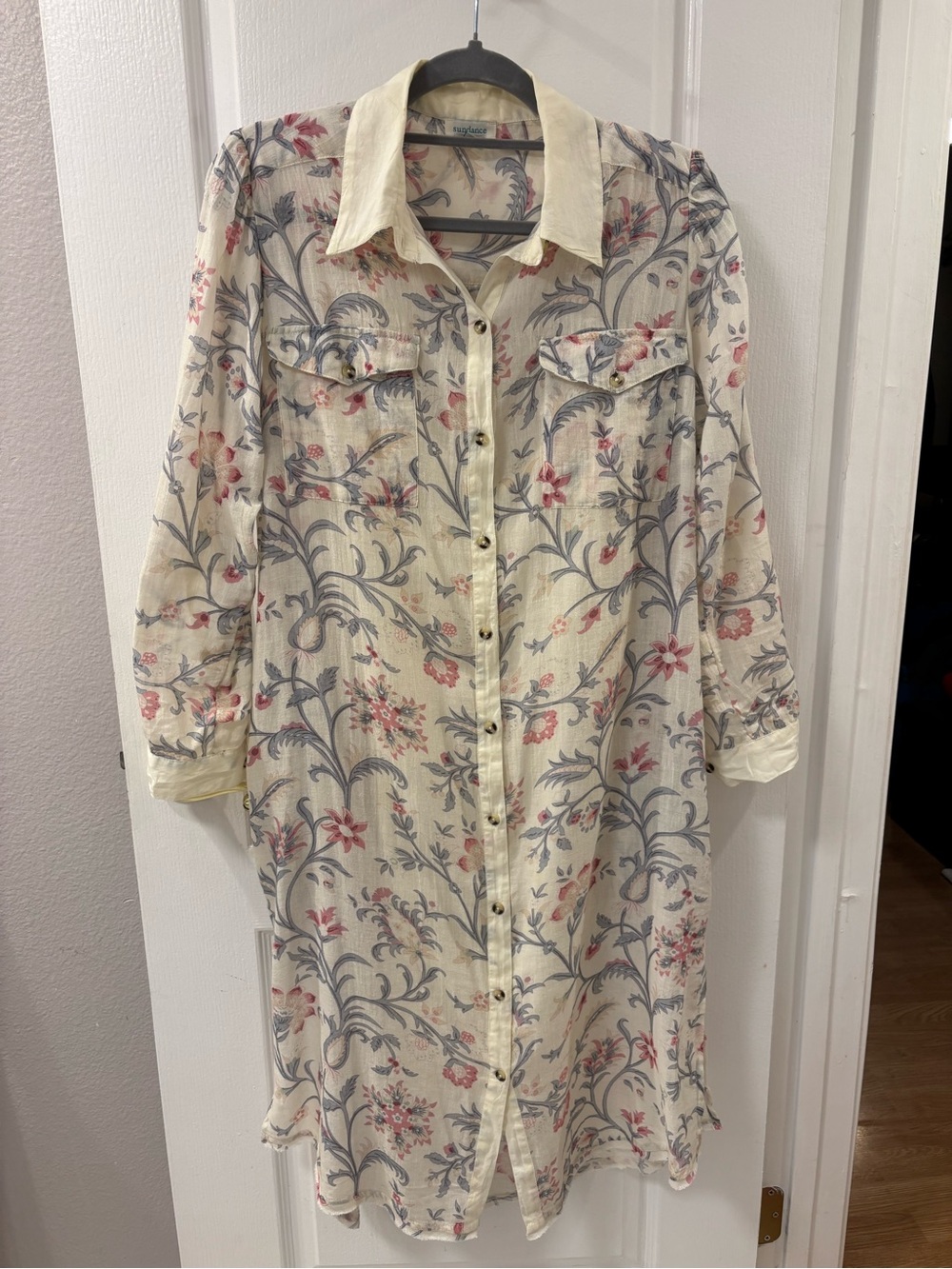 Sundance Cream Cotton Floral Midi Shirt Dress Pink Gray Print Lightweight